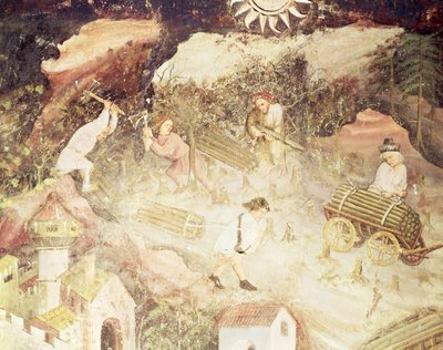 Le mois de décembre, (détail) des hommes abattant des arbres, c.1400 - Bohemian School