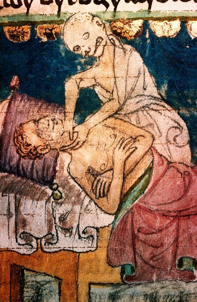La mort étranglant une victime de la peste - Miniature extraite du codex Stini, Bohême - Bohemian School