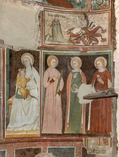 Transept nord, Autel de Saint Michel Archange, Derrière le retable les fresques de Boniface Bembo, Vierge et Enfant Sainte Aquiline et Sainte Catherine d