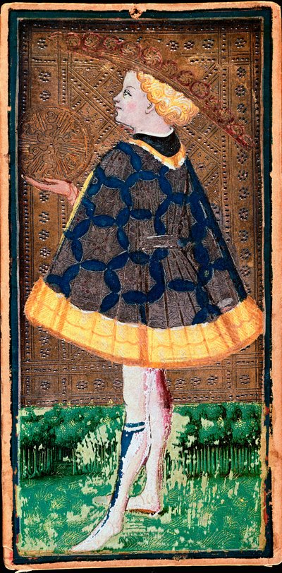 Carte du valet de denier. Carte du jeu de Tarot réalisée par Bonifacio Bembo (1420-1482) pour Filippo Maria Visconti, vers 1440. Bergame. Galleria dell