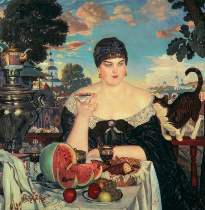 Femme de marchand prenant le thé - Boris Mikhailovich Kustodiev