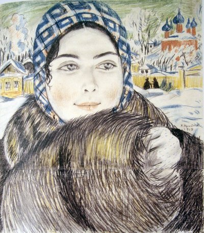 Femme de marchand avec un foulard à carreaux - Boris Mikhailovich Kustodiev