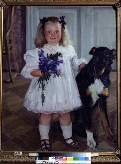 Portrait de la fille Irina avec le chien Shumka - Boris Mikhailovich Kustodiev