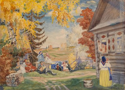 Décor de scène pour la pièce de théâtre Paysannes par Alexandre Neverov, 1920 - Boris Mikhailovich Kustodiev