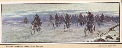 Cyclistes allemands arrivant en Finlande; de Histoire des Soviets, pub. 1922 - Boris Vasilievich Zvorykin