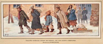 Travailleurs soviétiques quittant le bureau avec leurs rations alimentaires, tiré de Histoire des Soviets, pub. 1922 - Boris Vasilievich Zvorykin