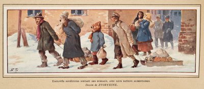 Travailleurs soviétiques quittant le bureau avec leurs rations alimentaires, tiré de Histoire des Soviets, pub. 1922 - Boris Vasilievich Zvorykin