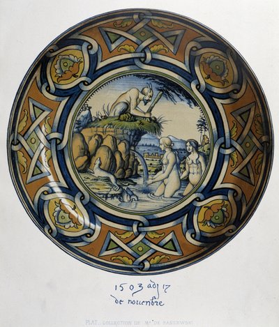 Actéon surprenant Artémis (Diane) au bain - dans "Collection de faïences italiennes des XVe, XVIe et XVIIIe siècles", conçu par C. Delange et C. Borneman, éd. Delange, Paris - Bornemann Bornemann