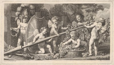 Six putti jouant avec les armes de Mars, quatre tenant une grande lance - Bossi