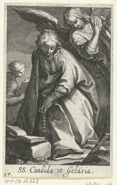 Sainte Candida et sainte Gelasia comme ermites avec ange (Kluizenaressen, Sacra Eremus Ascetriarum) - Boëtius Adamsz. Bolswert
