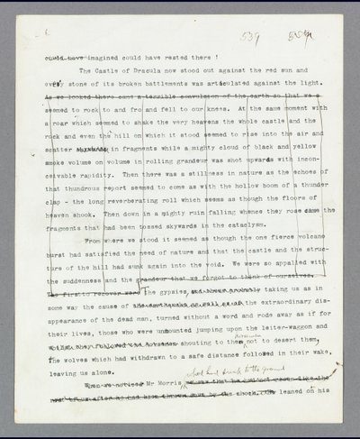 Page 539, Chapitre 27, Le passage supprimé décrivant la destruction du château de Dracula, du manuscrit original dactylographié de 