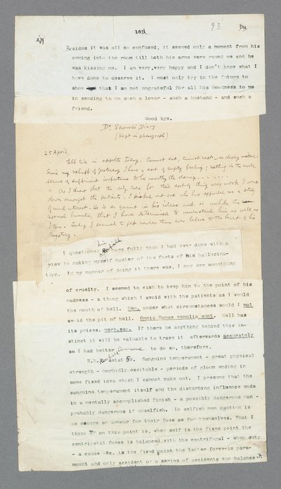 Page 93, Chapitre 5, Extrait du journal phonographique du Dr. Seward décrivant son patient, Renfield, du manuscrit original de Bram Stoker 