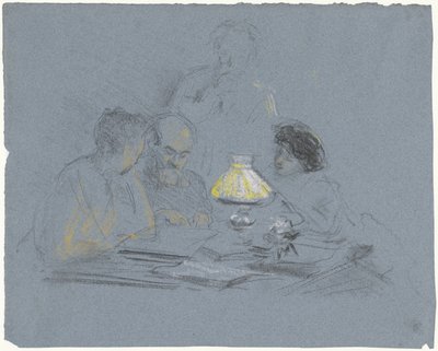 A. Grandmont et trois figures, lisant à la lumière d