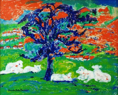 Jeunes taureaux blancs sous un arbre - Brenda Brin Booker