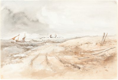 Scène de rivage avec bateaux dans une eau agitée - British 19th Century