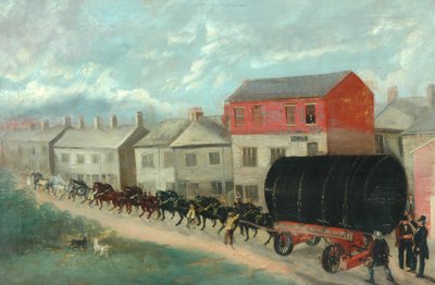 Une chaudière de moulin transportée en montée sur un chariot - British School