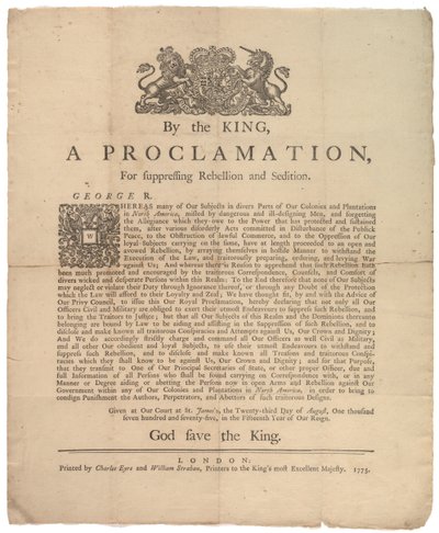 Une proclamation pour réprimer la rébellion..., 23 août 1775 - British School