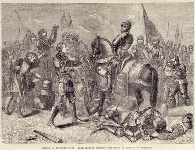 Bataille de Bosworth Field. Lord Stanley apportant la couronne de Richard III à Richmond (1485) : fin de la guerre des Deux Roses - dans « Cassell