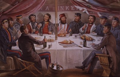 Dîner de Noël pendant la guerre de Crimée, officiers britanniques et alliés devant Sébastopol - British School