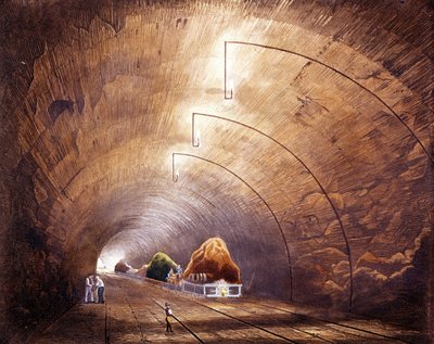 Révolution industrielle : tunnel ferroviaire sur la ligne Manchester - Liverpool. Planche tirée de « Liverpool and Manchester Railway », Londres 1832. - British School