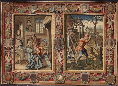 Janvier et février : « Un couple près du feu et un bûcheron » Tapisserie des manufactures de Mortlake. XVIIe siècle. Gênes, Musei di Strada Nuova - British School