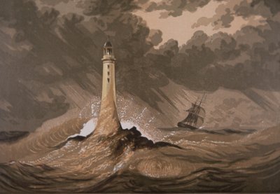 Phare avertissant les navires des rochers en mer agitée - British School