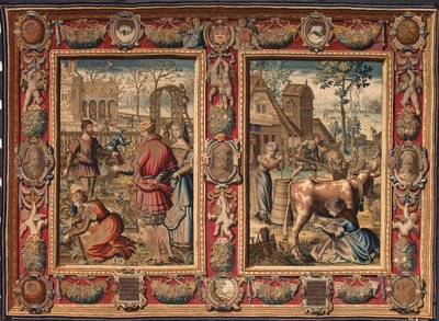 Mars et avril : travaux agricoles et traite des vaches Tapisserie des manufactures de Mortlake. 17ème siècle Gênes, Musei di Strada Nuova - British School