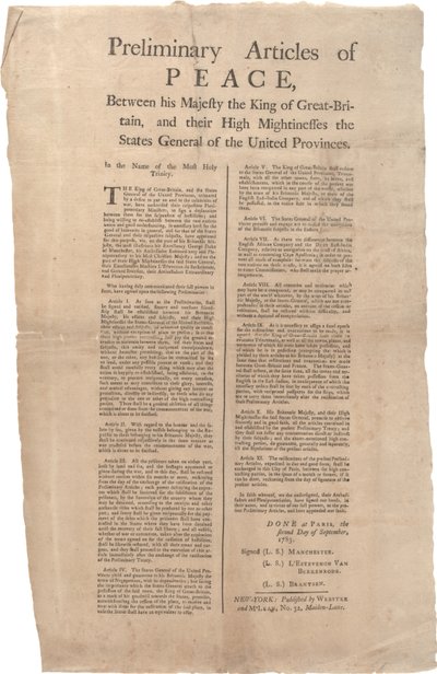 Articles préliminaires de paix entre...Grande-Bretagne et...les Provinces-Unies, 02 septembre 1783 - British School