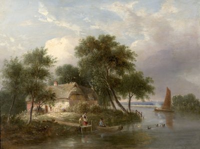 Scène fluviale (cottage et arbres) - British School