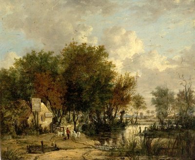 Scène de rivière, garçon conduisant des moutons - British School