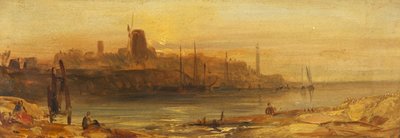 Coucher de soleil : Port maritime et phare, vers 1825 - British School