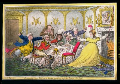 Compagnie choquée par une dame se levant pour sonner la cloche, gravé par James Gillray, publié par Hannah Humphrey en 1804 - Brownlow North