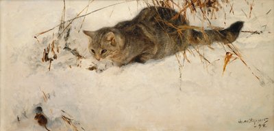 Un Chat Traquant une Souris dans la Neige - Bruno Andreas Liljefors