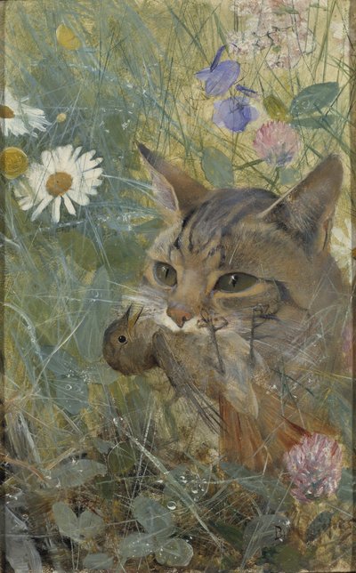 Un chat avec un jeune oiseau dans sa bouche, 1885 - Bruno Andreas Liljefors