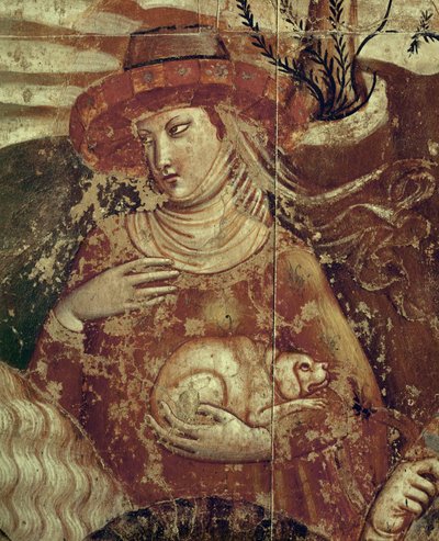 Une élégante dame tenant un petit chien dans ses bras ... (fresque) - Buonamico Buffalmacco