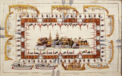 Tissu avec vue du Palais de Mandalay - Burmese School
