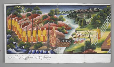 Or. 13534, f.23 Moines traversant une rivière, Scènes de la vie de Bouddha - Burmese School