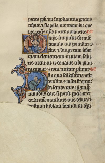 Initiale O : Christ trônant les mains levées ; Initiale D : Un homme semi-prostern en prière - Bute Master