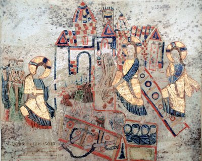Art byzantin : Représentation du Christ Sauveur abattant les portes des Enfers, écrasant Satan et libérant les âmes. Miniature de l