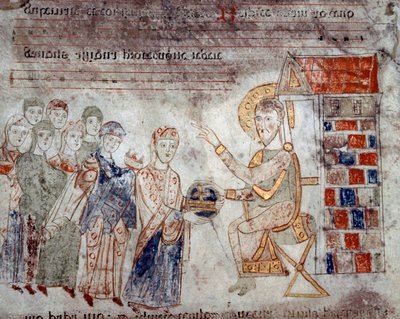 Art byzantin : "Les représentants des différents empires rendent hommage au Christ avec des offrandes" Miniature de "Exultet" du début du XIe siècle Museo Diocesano, Gaeta - Byzantine