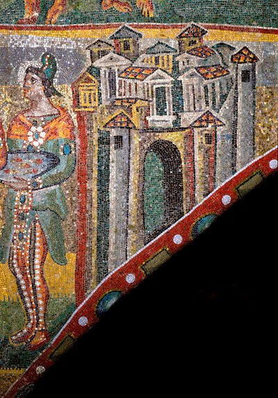 Art chrétien : « Adoration des Mages ». Détail du paysage. Mosaïque du Ve siècle. Arc triomphal, Basilique de Sainte-Marie-Majeure, Rome. - Byzantine