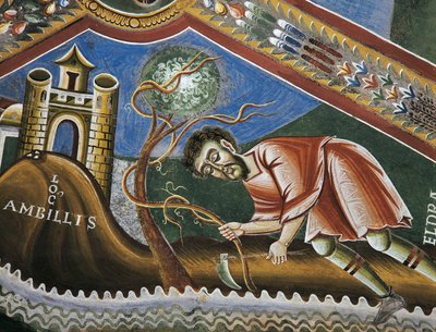 Eldrad labourant le sol à Ambilly, Provence, détail des Histoires de la vie de Saint Eldrad, fresques romanes de style byzantin, fin du 11e siècle, Chapelle de Saint Eldrad et Saint Nicolas, Abbaye de Novalesa, Piémont, Italie - Byzantine