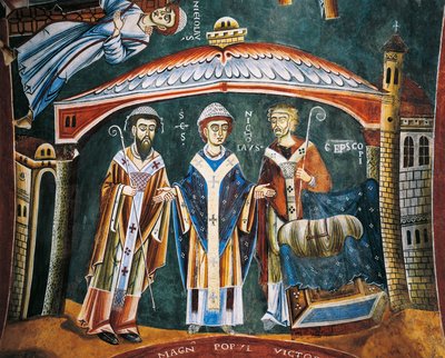 Saint Nicolas consacré évêque de Myre, détail des Histoires de Saint Nicolas, fresque romane, style byzantin, fin du XIe siècle, Chapelle de Saint Eldrad et Saint Nicolas, Abbaye de Novalesa, Piémont, Italie - Byzantine