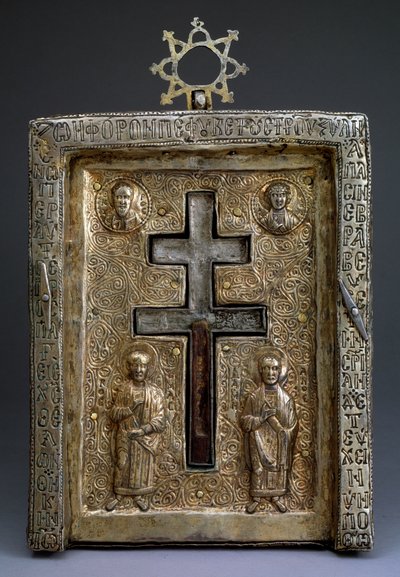 Staurothèque en argent doré, reliquaire de croix, byzantin, 12ème siècle - Byzantine Byzantine