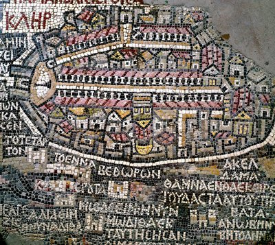 Art byzantin : plus ancienne carte de la Palestine. Détail représentant Jérusalem. Mosaïque du 6ème siècle. Madaba, Église de Saint-Georges - Byzantine School
