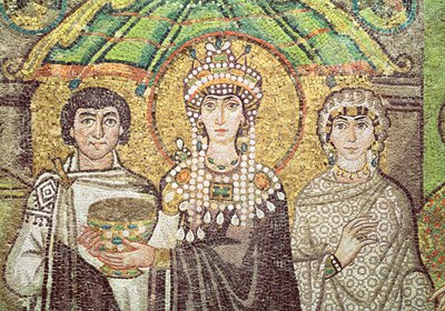 Impératrice Théodora avec sa cour de deux ministres et sept femmes, c.547 après J.-C. (détail) - Byzantine School