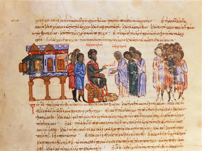 MMS Vitr 26-7 Ambassadeur de Kiev Envoyé par le Roi Vladimir (978-1015) est Informé sur le Christianisme par un Évêque Byzantin, du Skylitzes de Madrid - Byzantine School