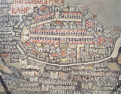 La ville de Jérusalem et ses environs, détail de la carte en mosaïque de Madaba, byzantine, VIe siècle - Byzantine School