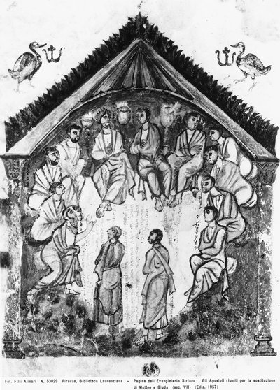 Les apôtres réunis pour le remplacement de Judas par Matthias, folio des Évangiles de Rabula, 586 après J.-C. - Byzantine School