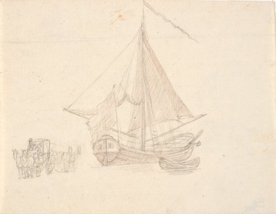 Un navire avec voile et fanion et une chaloupe. À gauche, deux chariots à chevaux - C.A. Lorentzen